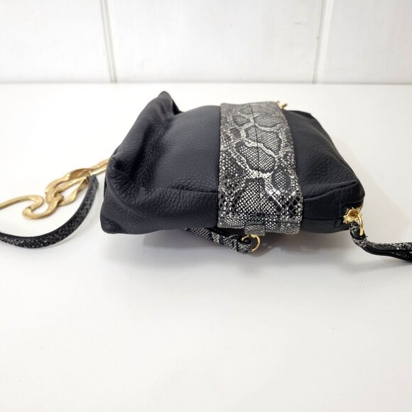 Vintage Halston Black Leather & Snake Print Crossbody Bag With Gold Accents - Picture 6 of 8